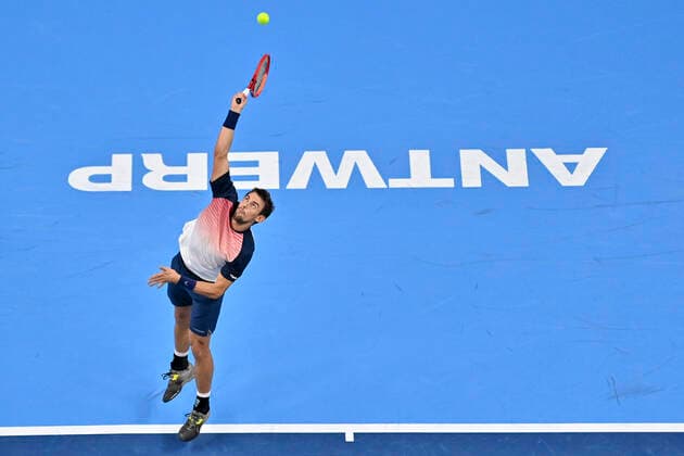 Swiss Henri Laaksonen pictured in action during a match between Swiss Laaksonen and French Paire, in the first round of the European Open Tennis ATP, Tennis Herren tournament, in Antwerp, Tuesday 19 October 2021. DIRKxWAEM  x3117196x