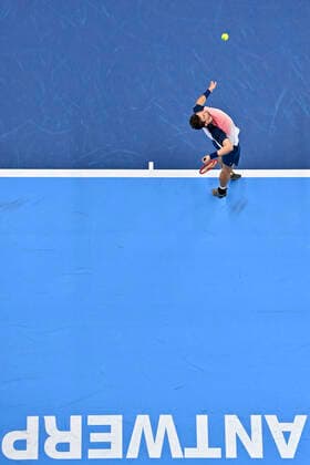 Swiss Henri Laaksonen pictured in action during a match between Swiss Laaksonen and French Paire, in the first round of the European Open Tennis ATP, Tennis Herren tournament, in Antwerp, Tuesday 19 October 2021. DIRKxWAEM  x3117213x