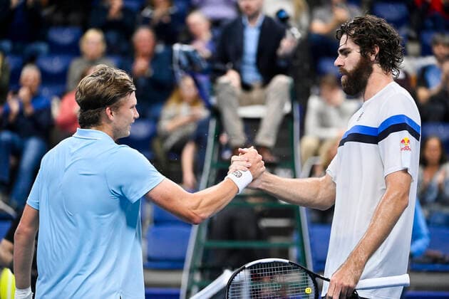 US Jenson Brooksby and US Reilly Opelka pictured after their tennis match in the first round of the European Open Tennis ATP, Tennis Herren tournament, in Antwerp, Tuesday 19 October 2021. LAURIExDIEFFEMBACQ  x3117262x