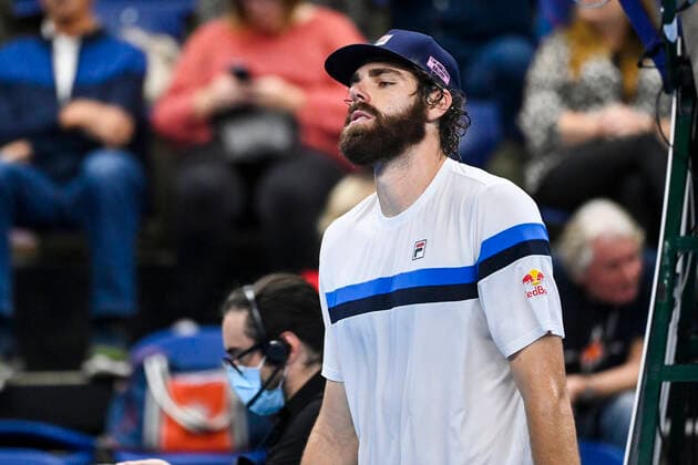 US Reilly Opelka looks dejected during a match between US Opelka and US Brooksby, in the first round of the European Open Tennis ATP, Tennis Herren tournament, in Antwerp, Tuesday 19 October 2021. LAURIExDIEFFEMBACQ  x3117321x