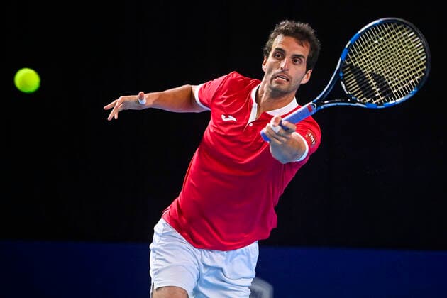 Spanish Albert Ramos-Vinolas pictured in action during a match between German Struff and Spanish Ramos-Vinolas, in the first round of the European Open Tennis ATP, Tennis Herren tournament, in Antwerp, Tuesday 19 October 2021. LAURIExDIEFFEMBACQ  x3117565x