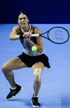 MOSCOW, RUSSIA - OCTOBER 19, 2021: Germany s Andrea Petkovic in action in her singles Round of 32 tennis match against Latvia s Jelena Ostapenko at the VTB Kremlin Cup 2021 at the Luzhniki Palace of Sports. Mikhail Tereshchenko TASS  TS114CF1
