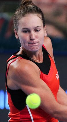 MOSCOW, RUSSIA - OCTOBER 19, 2021: Russia s Veronika Kudermetova in action in her singles Round of 32 tennis match against Russia s Oksana Selekhmeteva at the VTB Kremlin Cup 2021 at the Luzhniki Palace of Sports. Mikhail Tereshchenko TASS  TS114CF3