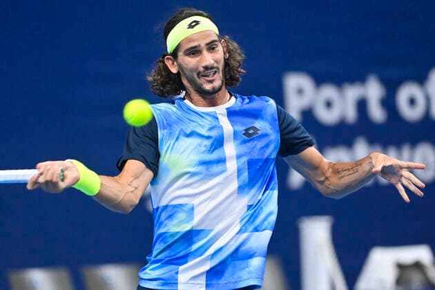 South African Lloyd Harris pictured in action during a match between Belgian Bergs and South-African Harris, in the first round of the European Open Tennis ATP, Tennis Herren tournament, in Antwerp, Tuesday 19 October 2021. LAURIExDIEFFEMBACQ  x3117751x