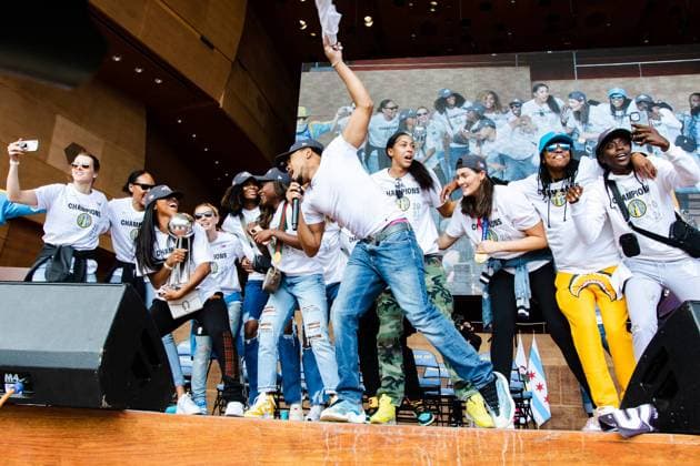 The Loop Chance the Rapper leads everyone in song during the Chicago Sky Championship Parade and Rally on October 19, 2021 at the Pritzker Pavilion Shaina Benhiyoun SPP Chicago Sky 2021 Championship Parade and Rally 
