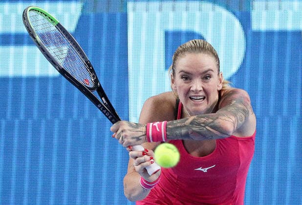 MOSCOW, RUSSIA - OCTOBER 20, 2021: The Czech Republic s Tereza Martincova returns the ball in her women s singles Round of 16 tennis match against Spain s Garbine Muguruza at the VTB Kremlin Cup 2021 at the Luzhniki Sports Palace. Mikhail Tereshchenko TASS  TS114D64