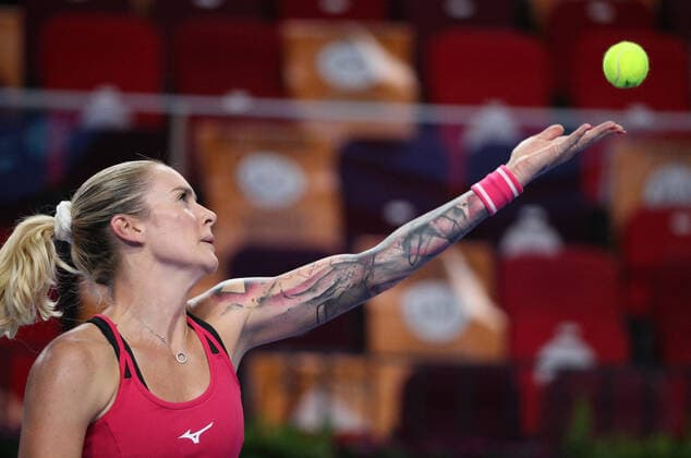 MOSCOW, RUSSIA - OCTOBER 20, 2021: The Czech Republic s Tereza Martincova serves the ball in her women s singles Round of 16 tennis match against Spain s Garbine Muguruza at the VTB Kremlin Cup 2021 at the Luzhniki Sports Palace. Mikhail Tereshchenko TASS  TS114D6E