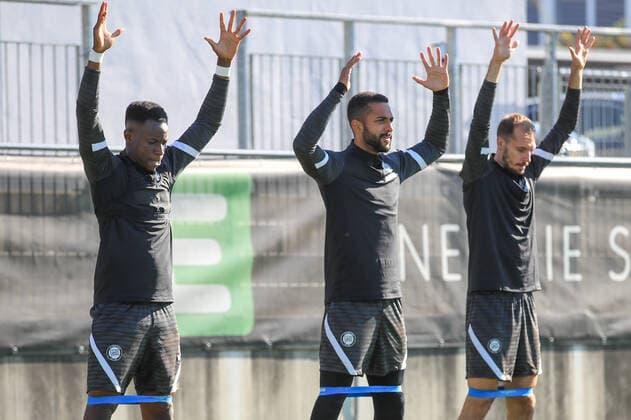 SOCCER - UEFA EL, Sturm vs Sociedad GRAZ,AUSTRIA,20.OCT.21 - SOCCER - UEFA Europa League, group stage, SK Sturm Graz vs Real Sociedad, preview, training Sturm. Image shows Kelvin Kwarteng Yeboah, Gregory Wuethrich and Jon Gorenc Stankovic (Sturm).  GEPAxpictures xMarioxBuehner