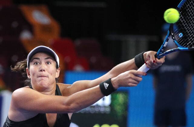 MOSCOW, RUSSIA - OCTOBER 20, 2021: Spain s Garbine Muguruza returns the ball in her women s singles Round of 16 tennis match against the Czech Republic s Tereza Martincova at the VTB Kremlin Cup 2021 at the Luzhniki Sports Palace. Mikhail Tereshchenko TASS  TS114DF0