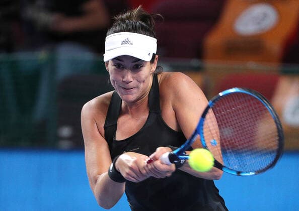 MOSCOW, RUSSIA - OCTOBER 20, 2021: Spain s Garbine Muguruza returns the ball in her women s singles Round of 16 tennis match against the Czech Republic s Tereza Martincova at the VTB Kremlin Cup 2021 at the Luzhniki Sports Palace. Mikhail Tereshchenko TASS  TS114E00