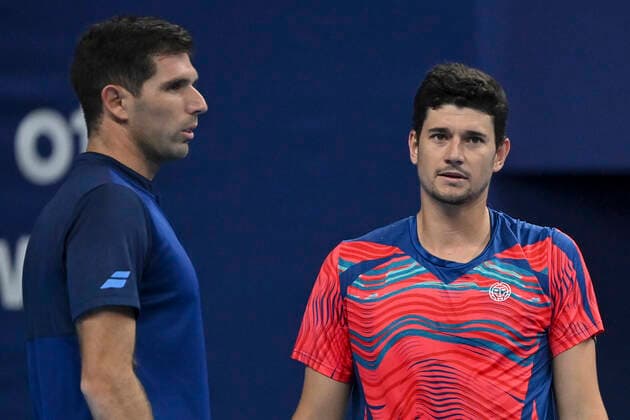 Argentina s Federico Delbonis and Spanish David Vega Hernandez pictured during a doubles men game between Belgian pair Gille-Vliegen and Argentina Delbonis and Spanish Hernandez, a 1 8 finals game at the European Open Tennis ATP, Tennis Herren tournament, in Antwerp, Wednesday 20 October 2021. DIRKxWAEM  x3118031x