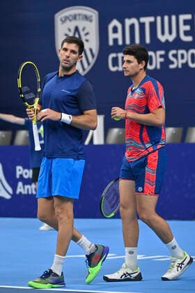 Argentina s Federico Delbonis and Spanish David Vega Hernandez pictured during a doubles men game between Belgian pair Gille-Vliegen and Argentina Delbonis and Spanish Hernandez, a 1 8 finals game at the European Open Tennis ATP, Tennis Herren tournament, in Antwerp, Wednesday 20 October 2021. DIRKxWAEM  x3118036x