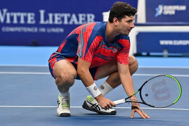 Spanish David Vega Hernandez pictured during a doubles men game between Belgian pair Gille-Vliegen and Argentina Delbonis and Spanish Hernandez, a 1 8 finals game at the European Open Tennis ATP, Tennis Herren tournament, in Antwerp, Wednesday 20 October 2021. DIRKxWAEM  x3118046x