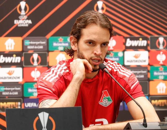 MOSCOW, RUSSIA - OCTOBER 20, 2021: Lokomotiv Moscow s goalkeeper Guilherme Marinato gives a press conference, PK, Pressekonferenz on the eve of the 2021-22 UEFA Europa League Group Stage match against Galatasaray. Mikhail Japaridze TASS  TS114E2A