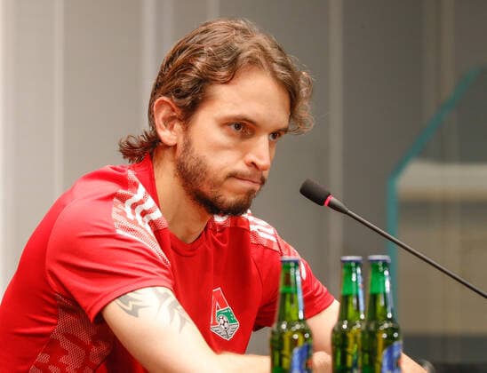 MOSCOW, RUSSIA - OCTOBER 20, 2021: Lokomotiv Moscow s goalkeeper Guilherme Marinato gives a press conference, PK, Pressekonferenz on the eve of the 2021-22 UEFA Europa League Group Stage match against Galatasaray. Mikhail Japaridze TASS  TS114E2B