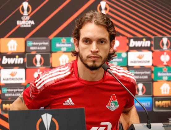 MOSCOW, RUSSIA - OCTOBER 20, 2021: Lokomotiv Moscow s goalkeeper Guilherme Marinato gives a press conference, PK, Pressekonferenz on the eve of the 2021-22 UEFA Europa League Group Stage match against Galatasaray. Mikhail Japaridze TASS  TS114E2D