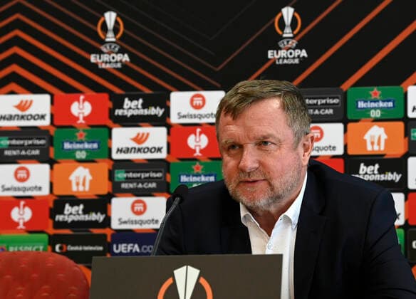 Coach of Sparta Prague speaks during the press conference, PK, Pressekonferenz prior to football UEFA Europa League game: Sparta Prague vs Olympique Lyon in Prague, Czech Republic, October 20, 2021. (CTKxPhoto MichalxKrumphanzl) CTKPhotoP2021102006298  kru 4
