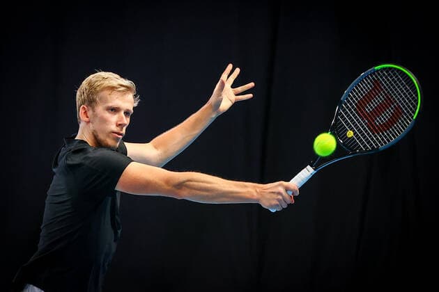 Belarus Andrei Vasilevski pictured in action during a doubles men game between Dutch pair Koolhof-Rojer and Czech Jebavy and Belarus Vasilevski, a 1 8 finals game at the European Open Tennis ATP, Tennis Herren tournament, in Antwerp, Wednesday 20 October 2021. DAVIDxPINTENS  x3118356x