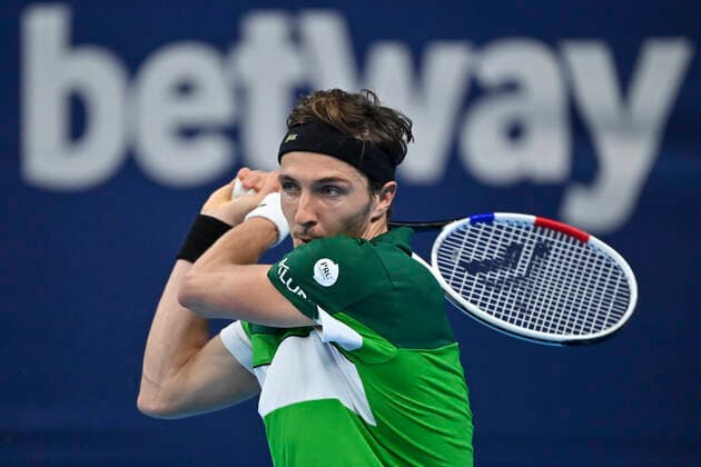 French Arthur Rinderknech pictured during a singles match between French Rinderknech and Serbian Lajovic, in the 1 8 finals of the European Open Tennis ATP, Tennis Herren tournament, in Antwerp, Wednesday 20 October 2021. DIRKxWAEM  x3118377x