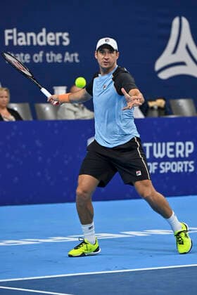 Serbian Dusan Lajovic pictured in action during a singles match between French Rinderknech and Serbian Lajovic, in the 1 8 finals of the European Open Tennis ATP, Tennis Herren tournament, in Antwerp, Wednesday 20 October 2021. DIRKxWAEM  x3118387x
