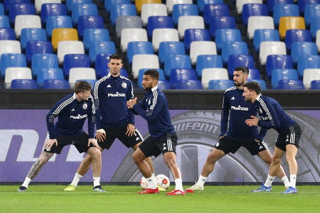 Football, EL, Legia Warsaw training Legia Varsavia s Polish defender Lindsay Rose Legia Varsavia s Serbian defender Filip Mladenovic Legia Varsavia s Ukrainian midfielder Ihor Kharatin during Legia VarsaviaÕs training the day before the europa league match SSC Napoli - Legia Warsaw, at the Diego Armando Maradona stadium, southern Italy, on October 20, 2021. ABPH0475 Copyright: xAntonioxBalascox