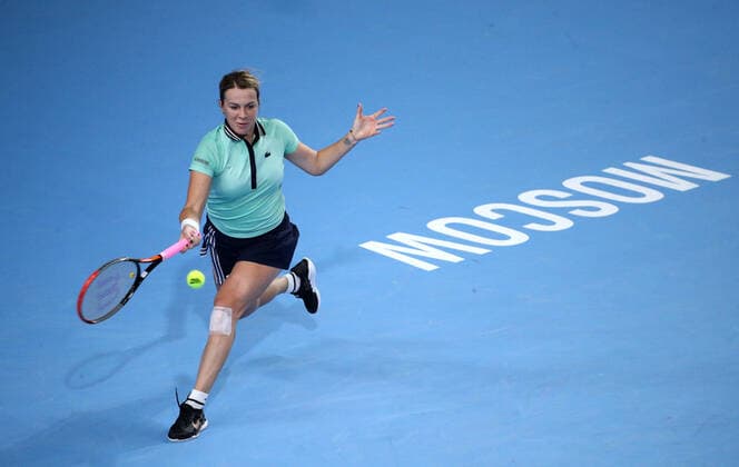 MOSCOW, RUSSIA - OCTOBER 20, 2021: Russia s Anastasia Pavlyuchenkova plays a forehand in a womenâ€™s singles Round 2 tennis match against Pera of the United States at the VTB Kremlin Cup 2021 at the Luzhniki Sports Palace. Mikhail Tereshchenko TASS  TS114F93