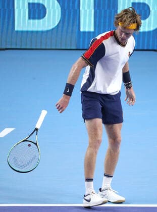 MOSCOW, RUSSIA - OCTOBER 21, 2021: Russia s Andrey Rublev in a menâ€™s singles Round 2 tennis match against France s Mannarino at the VTB Kremlin Cup 2021 at Irina Viner-Usmanova Gymnastics Palace. Mikhail Tereshchenko TASS  TS1150F4