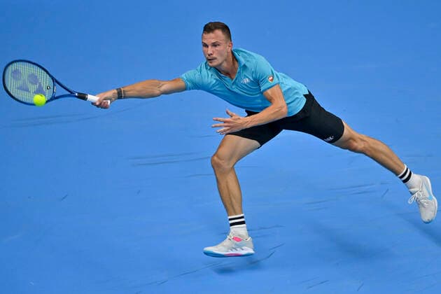 Hungarian Marton Fucsovics pictured in action during a singles match between Spanish Bautista Agut and Hungarian Fucsovics, in the 1 8 finals of the European Open Tennis ATP, Tennis Herren tournament, in Antwerp, Thursday 21 October 2021. DIRKxWAEM  x3119247x
