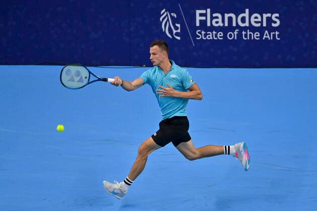 Hungarian Marton Fucsovics pictured in action during a singles match between Spanish Bautista Agut and Hungarian Fucsovics, in the 1 8 finals of the European Open Tennis ATP, Tennis Herren tournament, in Antwerp, Thursday 21 October 2021. DIRKxWAEM  x3119256x