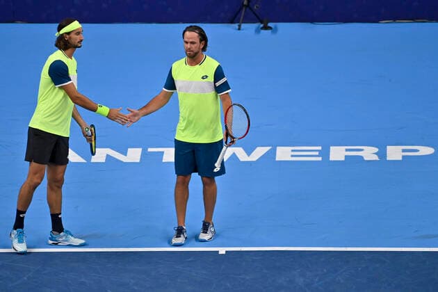 Belgian Xavier Malisse (R) and South African Lloyd Harris pictured at the European Open Tennis ATP, Tennis Herren tournament, in Antwerp, Thursday 21 October 2021. DIRKxWAEM  x3119566x