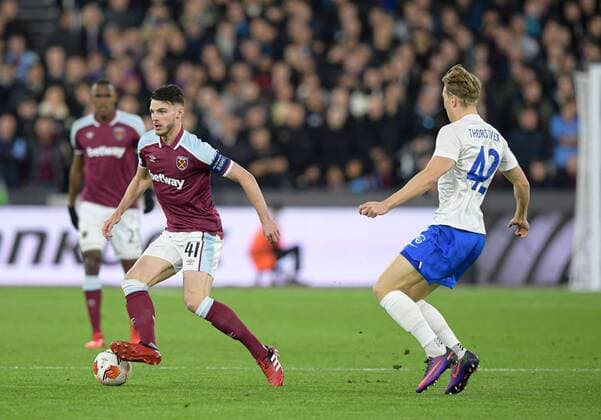 Mandatory Credit: Photo by Simon Dael Shutterstock (12547376s) Declan Rice of West Ham and Kristian Thorstvedt of Genk West Ham United v Genk, UEFA Europa League, Group H, Football, The London Stadium, London, UK - 21 Oct 2021 EDITORIAL USE ONLY No use with unauthorised audio, video, data, fixture lists, club league logos or live services. Online in-match use limited to 120 images, no video emulation. No use in betting, games or single club league player publications. West Ham United v Genk, UEFA Europa League, Group H, Football, The London Stadium, London, UK - 21 Oct 2021 EDITORIAL USE ONLY No use with unauthorised audio, video, data, fixture lists, club league logos or live services. Online in-match use limited to 120 images, no video emulation. No use in betting, games or single club league player publications. Copyright: xSimonxDael Shutterstockx 12547376s