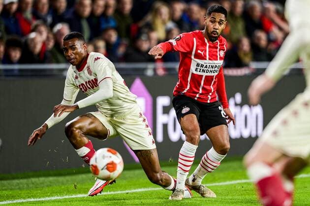EINDHOVEN - (lr) Jean Lucas of AS Monaco, Phillipp Mwene of PSV Eindhoven during the UEFA Europa League match between PSV Eindhoven and AS Monaco at Phillips Stadium on October 21, 2021 in Eindhoven, Netherlands. ANP OLAF KRAAK UEFA Europa League 2021 2022 xVIxANPxSportx xxANPxIVx