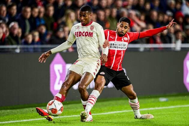 EINDHOVEN - (lr) Jean Lucas of AS Monaco, Phillipp Mwene of PSV Eindhoven during the UEFA Europa League match between PSV Eindhoven and AS Monaco at Phillips Stadium on October 21, 2021 in Eindhoven, Netherlands. ANP OLAF KRAAK UEFA Europa League 2021 2022 xVIxANPxSportx xxANPxIVx
