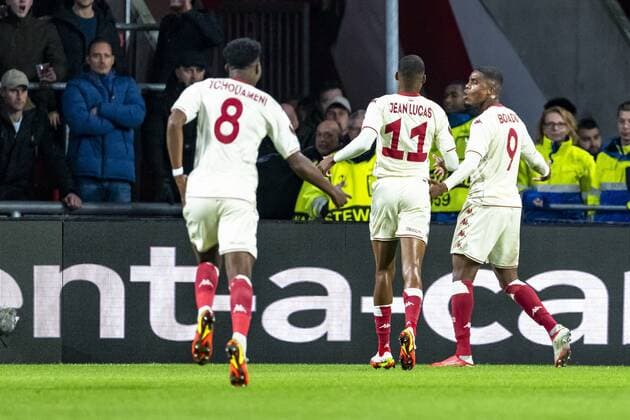 EINDHOVEN, Netherlands, 21-10-2021, football, Philips stadium, Europa League, season 2021 2022, during the match PSV - Monaco, AS Monaco player Myron Boadu scores the 0-1 and celebrating the goal PSV - Monaco  x13997905x Copyright: