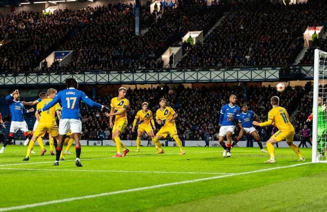Mandatory Credit: Photo by Luke Nickerson Rangers FC Shutterstock (12547782j) Rangers Defender Leon Balogun scores his sides first goal Rangers v Brondby, UEFA Europa League, Group A, Football, Ibrox Stadium, Glasgow, UK - 21 Oct 2021 EDITORIAL USE ONLY No use with unauthorised audio, video, data, fixture lists, club league logos or live services. Online in-match use limited to 120 images, no video emulation. No use in betting, games or single club league player publications. Rangers v Brondby, UEFA Europa League, Group A, Football, Ibrox Stadium, Glasgow, UK - 21 Oct 2021 EDITORIAL USE ONLY No use with unauthorised audio, video, data, fixture lists, club league logos or live services. Online in-match use limited to 120 images, no video emulation. No use in betting, games or single club league player publications. Copyright: xLukexNickerson RangersxFC Shutterstockx 12547782j