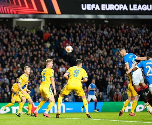 Mandatory Credit: Photo by Stuart Wallace Shutterstock (12547363m) Leon Balogun of Rangers scores with a header to give Rangers a 1-0 lead. Rangers v Brondby, UEFA Europa League, Group A, Football, Ibrox Stadium, Glasgow, UK - 21 Oct 2021 EDITORIAL USE ONLY No use with unauthorised audio, video, data, fixture lists, club league logos or live services. Online in-match use limited to 120 images, no video emulation. No use in betting, games or single club league player publications. Rangers v Brondby, UEFA Europa League, Group A, Football, Ibrox Stadium, Glasgow, UK - 21 Oct 2021 EDITORIAL USE ONLY No use with unauthorised audio, video, data, fixture lists, club league logos or live services. Online in-match use limited to 120 images, no video emulation. No use in betting, games or single club league player publications. Copyright: xStuartxWallace Shutterstockx 12547363m