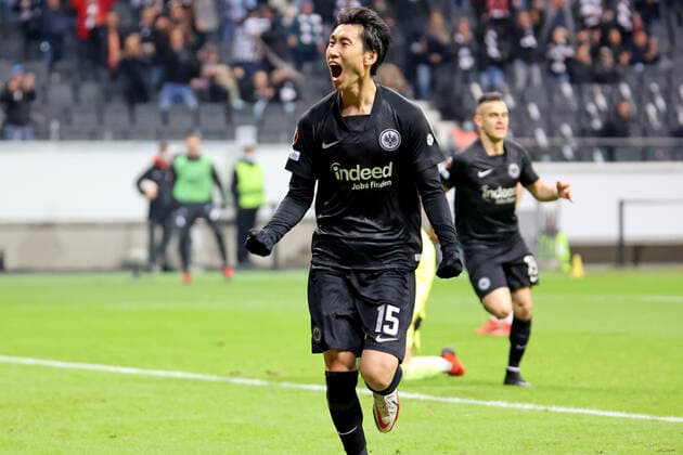Frankfurt, Deutschland 21. Oktober 2021: Europa League - 2021 2022 - Eintracht Frankfurt vs. Olympiakos Piraeus Torschuetze Daichi Kamada (Frankfurt) freut sich ueber sein Tor zum 3:1. Deutsche Bank Park Hessen Copyright: xFotostandx xRacochax