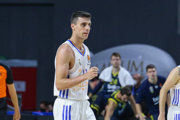 15th October 2021; Wizink Center; Madrid, Spain; Turkish Airlines Euroleague Basketball , Real Madrid versus Fenerbahce Beko Istanbul; Carlos Alocen (Real Madrid Baloncesto) celebrating scoring for three points  ActionPlus12332425 AgenciaLOF