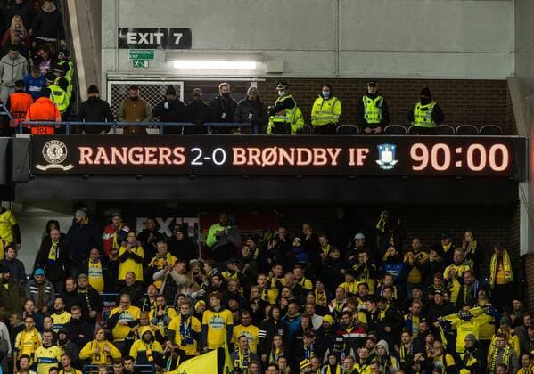 Mandatory Credit: Photo by Luke Nickerson Rangers FC Shutterstock (12547782cj) Scoreboard showing the full time result Rangers v Brondby, UEFA Europa League, Group A, Football, Ibrox Stadium, Glasgow, UK - 21 Oct 2021 EDITORIAL USE ONLY No use with unauthorised audio, video, data, fixture lists, club league logos or live services. Online in-match use limited to 120 images, no video emulation. No use in betting, games or single club league player publications. Rangers v Brondby, UEFA Europa League, Group A, Football, Ibrox Stadium, Glasgow, UK - 21 Oct 2021 EDITORIAL USE ONLY No use with unauthorised audio, video, data, fixture lists, club league logos or live services. Online in-match use limited to 120 images, no video emulation. No use in betting, games or single club league player publications. Copyright: xLukexNickerson RangersxFC Shutterstockx 12547782cj