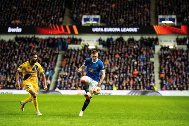 Mandatory Credit: Photo by Kirk O Rourke Rangers FC Shutterstock (12547535eq) John Lundstram of Rangers during the Europa League match at Ibrox Stadium, Glasgow. Rangers v Brondby, UEFA Europa League, Group A, Football, Ibrox Stadium, Glasgow, UK - 21 Oct 2021 EDITORIAL USE ONLY No use with unauthorised audio, video, data, fixture lists, club league logos or live services. Online in-match use limited to 120 images, no video emulation. No use in betting, games or single club league player publications. Rangers v Brondby, UEFA Europa League, Group A, Football, Ibrox Stadium, Glasgow, UK - 21 Oct 2021 EDITORIAL USE ONLY No use with unauthorised audio, video, data, fixture lists, club league logos or live services. Online in-match use limited to 120 images, no video emulation. No use in betting, games or single club league player publications. Copyright: xKirkxO Rourke RangersxFC Shutterstockx 12547535eq