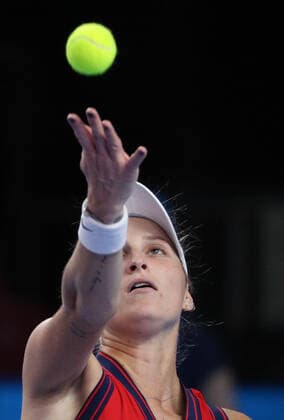 MOSCOW, RUSSIA - OCTOBER 22, 2021: The Czech Republic s Marketa Vondrousova serves the ball in her womenâ€™s singles quarterfinal tennis match against Russia s Anastasia Pavlyuchenkova at the VTB Kremlin Cup 2021 at Irina Viner-Usmanova Rhythmic gymnastics, Rhythmische Sportgymnastik, RSG Center. Mikhail Tereshchenko TASS  TS115316