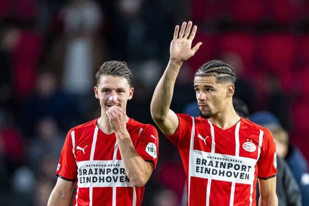 EINDHOVEN, Netherlands, 21-10-2021, football, Philips stadium, Europa League, season 2021 2022, during the match PSV - Monaco, PSV player Olivier Boscagli, PSV player Armando Obispo PSV - Monaco  x14005977x Copyright: