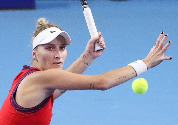 MOSCOW, RUSSIA - OCTOBER 22, 2021: The Czech Republic s Marketa Vondrousova in action in her womenâ€™s singles quarterfinal tennis match against Russia s Anastasia Pavlyuchenkova at the VTB Kremlin Cup 2021 at Irina Viner-Usmanova Rhythmic gymnastics, Rhythmische Sportgymnastik, RSG Center. Mikhail Tereshchenko TASS  TS11532B