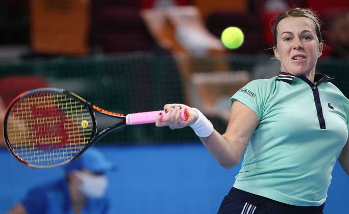 MOSCOW, RUSSIA - OCTOBER 22, 2021: Russia s Anastasia Pavlyuchenkova in action in her womenâ€™s singles quarterfinal tennis match against the Czech Republic s Marketa Vondrousova at the VTB Kremlin Cup 2021 at Irina Viner-Usmanova Rhythmic gymnastics, Rhythmische Sportgymnastik, RSG Center. Mikhail Tereshchenko TASS  TS115364