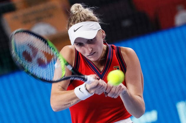 VTB Kremlin Cup 2021 International Tennis Tournament Marketa Vondrousova of Czech Republic returns the ball to Aryna Sabalenka of Belarus during the women s singles quarterfinal tennis match of the WTA, Tennis Damen 500 VTB Kremlin Cup 2021 International Tennis Tournament at the Irina Viner-Usmanova Gymnastics Palace on October 22, 2021 in Moscow, Russia. Moscow Russia  Copyright: xMikexKireevx kireev-notitle211022_npPuF