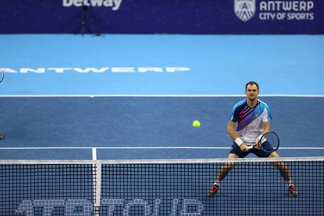 Ukrainian Denys Molchanov pictured in action during a doubles men game between Ukrainian Molchanov and Kazach Nedovyesov and French pair Mahut and Martin, a semi finals game at the European Open Tennis ATP, Tennis Herren tournament, in Antwerp, Friday 22 October 2021. DAVIDxPINTENS  x3120550x