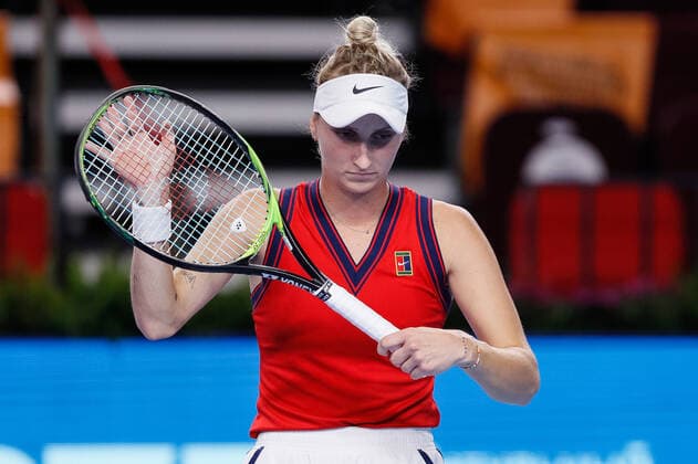 VTB Kremlin Cup 2021 International Tennis Tournament Marketa Vondrousova of Czech Republic during the women s singles quarterfinal tennis match of the WTA, Tennis Damen 500 VTB Kremlin Cup 2021 International Tennis Tournament against Anastasia Pavlyuchenkova of Russia at the Irina Viner-Usmanova Gymnastics Palace on October 22, 2021 in Moscow, Russia. Moscow Russia  Copyright: xMikexKireevx kireev-notitle211022_npCbG