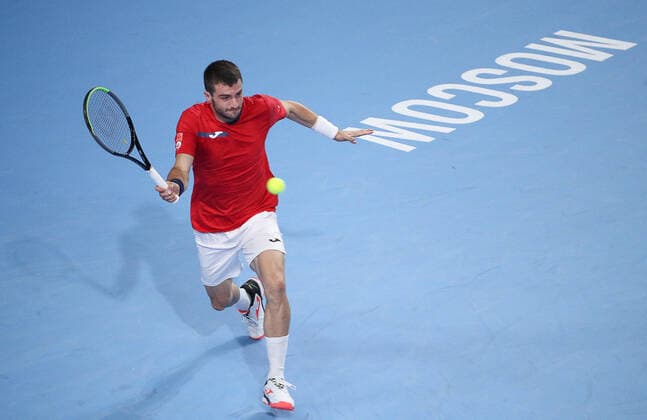 MOSCOW, RUSSIA - OCTOBER 22, 2021: Spain s Pedro Martinez in action in his menâ€™s singles quarterfinal tennis match against Croatiaâ€™s Marin Cilic at the VTB Kremlin Cup 2021 at Irina Viner-Usmanova Rhythmic gymnastics, Rhythmische Sportgymnastik, RSG Center. Mikhail Tereshchenko TASS  TS1153D9