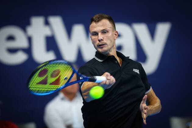 Hungarian Marton Fucsovics pictured in action during a singles match between Hungarian Fucsovics and South African Harris, in the 1 4 finals of the European Open Tennis ATP, Tennis Herren tournament, in Antwerp, Friday 22 October 2021. DAVIDxPINTENS  x3120727x
