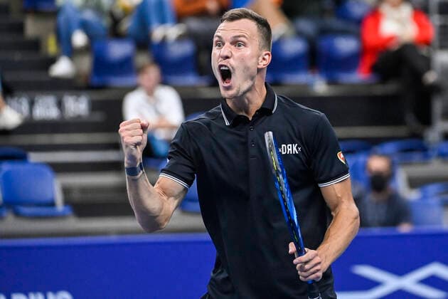 Hungarian Marton Fucsovics celebrates during a singles match between Hungarian Fucsovics and South African Harris, in the 1 4 finals of the European Open Tennis ATP, Tennis Herren tournament, in Antwerp, Friday 22 October 2021. LAURIExDIEFFEMBACQ  x3120770x